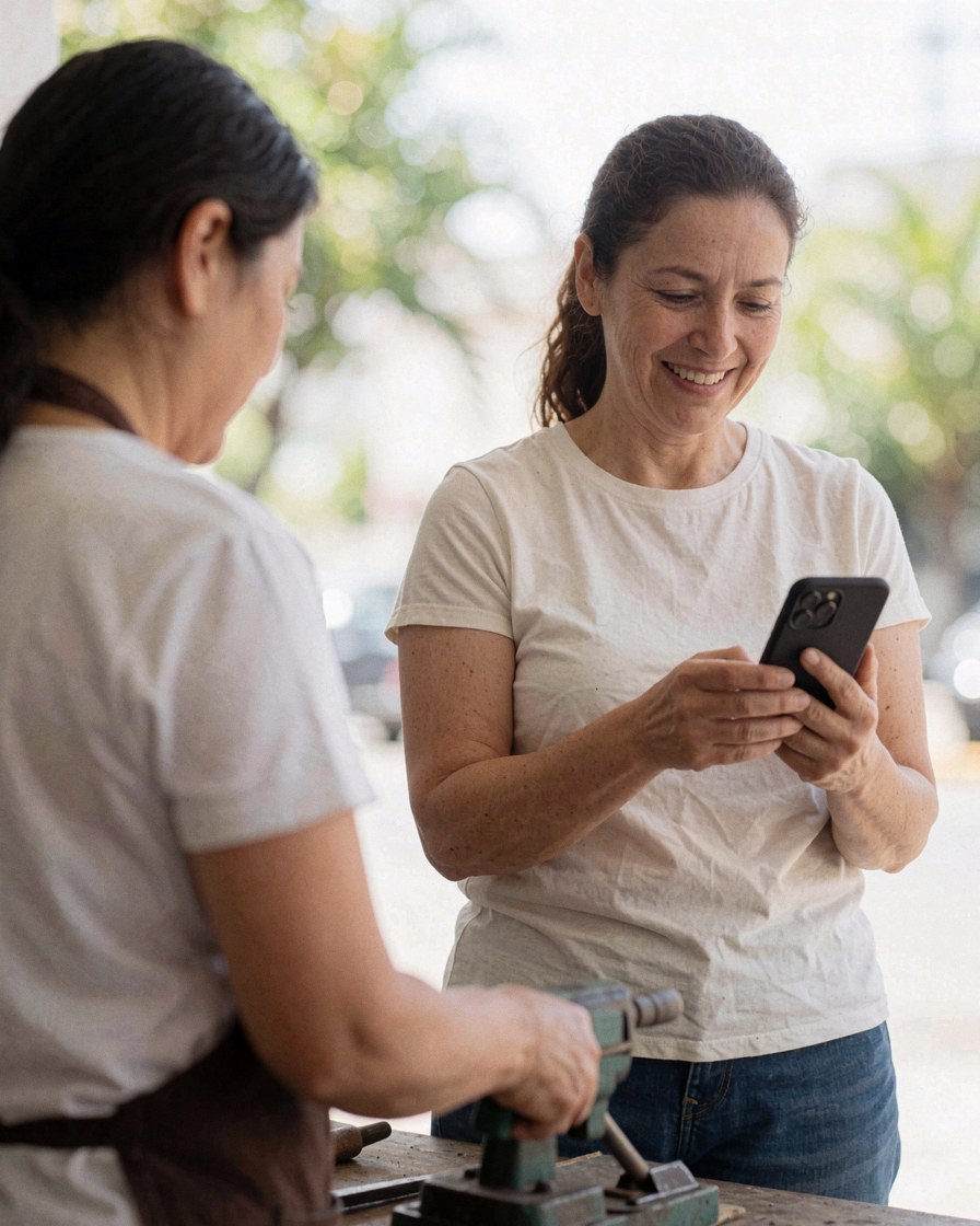 Une cliente satisfaite consulte son smartphone pendant qu'un technicien travaille avec un outil dans un atelier en plein air.