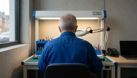 Technicien de réparation de télévision travaillant avec une loupe sur un composant électronique posé sur une table de travail devant un mur en béton.