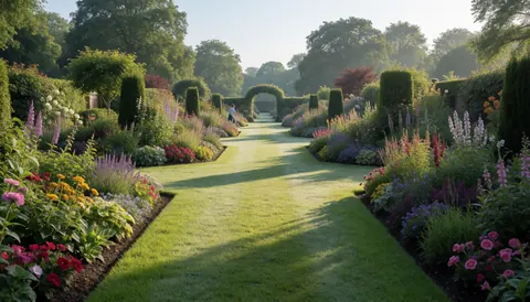 Chemin de pelouse verdoyante traversant un jardin thématique avec des fleurs colorées et un arc de jardin, idéal pour une bannière de site web.