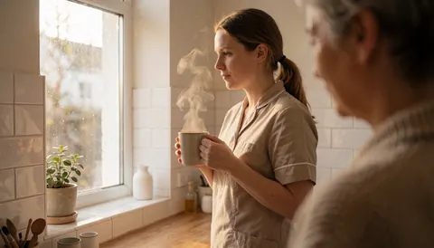 Thérapeute en uniforme tenant une tasse de thé fumante près d'une fenêtre, avec un client flou en arrière-plan dans un espace aux murs carrelés blancs.