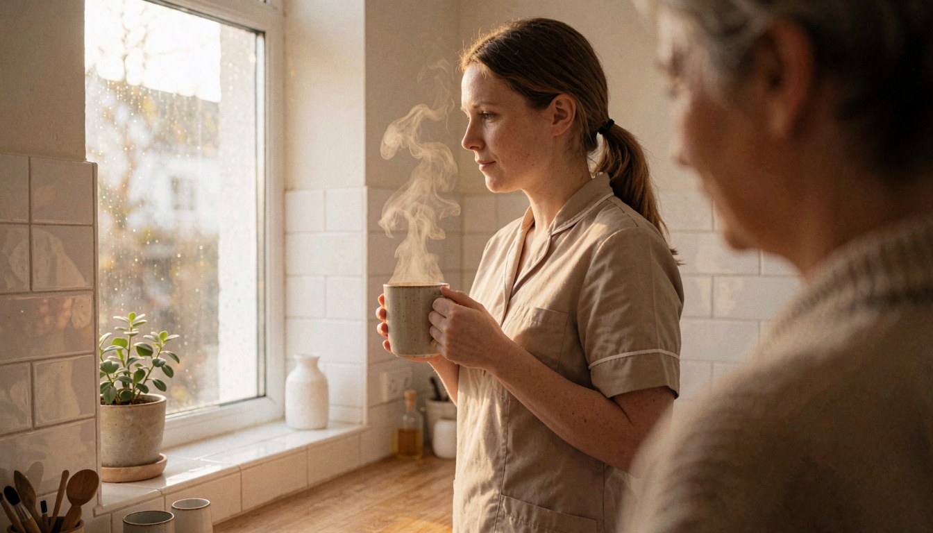 Thérapeute en uniforme tenant une tasse de thé fumante près d'une fenêtre, avec un client flou en arrière-plan dans un espace aux murs carrelés blancs.