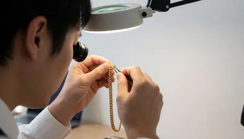 Un horloger examine une chaîne d'or avec des pincettes sous une loupe de bureau sur fond blanc, idéal pour une boutique de joaillerie.