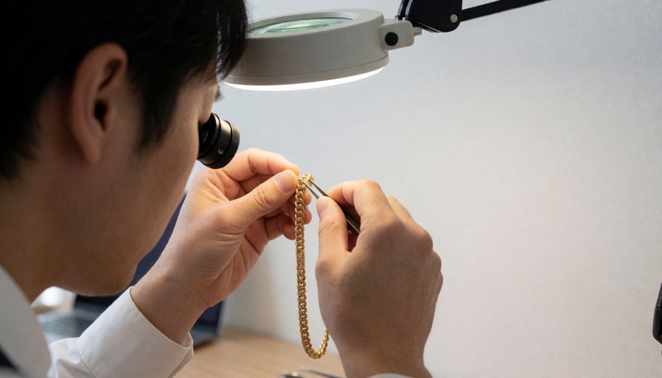 Un horloger examine une chaîne d'or avec des pincettes sous une loupe de bureau sur fond blanc, idéal pour une boutique de joaillerie.