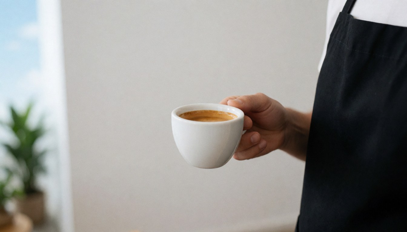 Un barista en tablier noir verse un espresso dans une tasse blanche sur fond blanc avec lumière naturelle, adapté à une cafétéria.