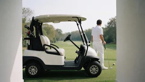 Voiturette de golf blanche avec accessoires, golfeur en tenue blanche se préparant à frapper la balle sur un terrain de golf vert avec des poteaux blancs de chaque côté.