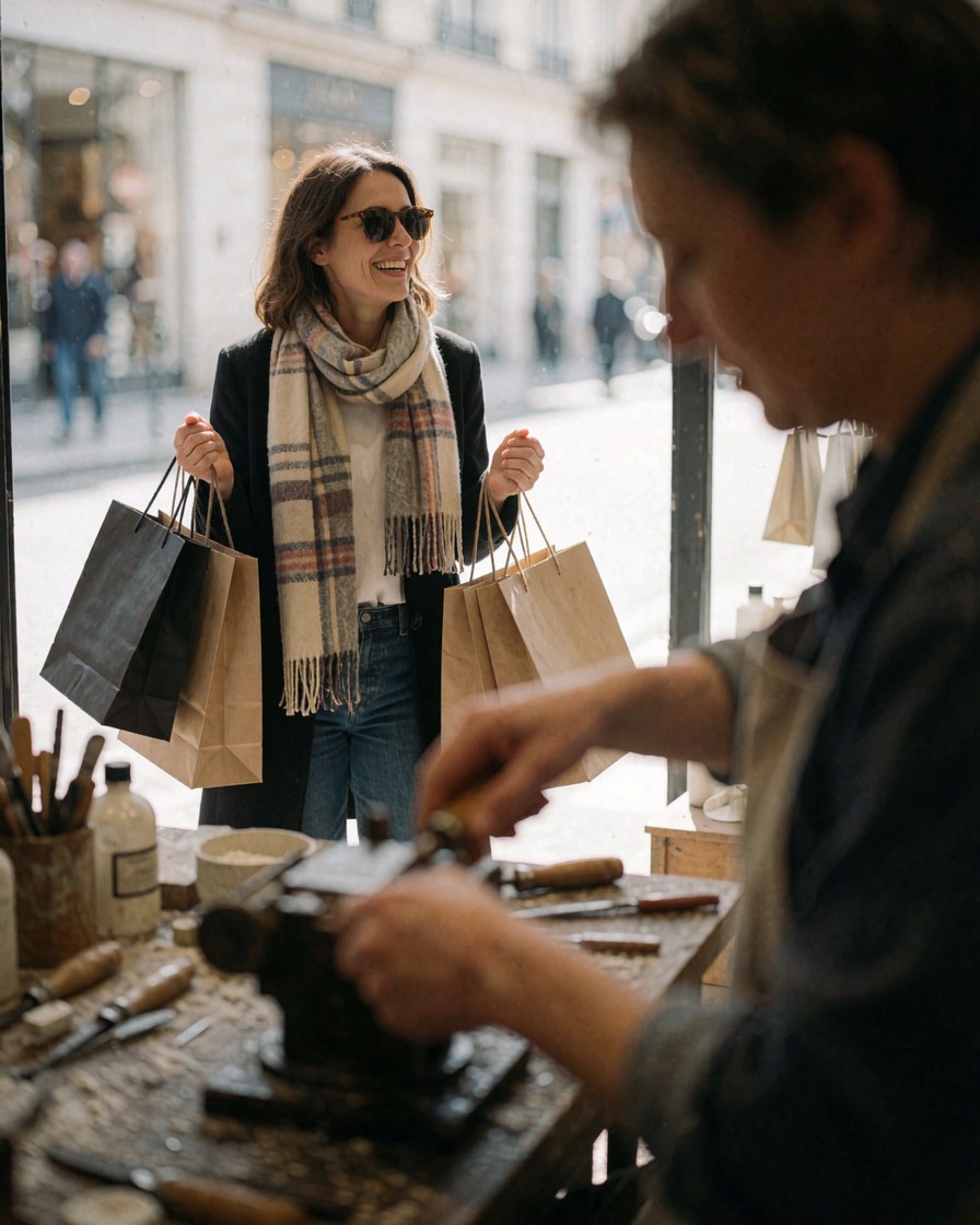 Une cliente heureuse tenant des sacs de shopping dans un magasin de vêtements, à côté d'une vendeuse souriante, d'un balai et d'une chaise en bois dans un cadre chaleureux.