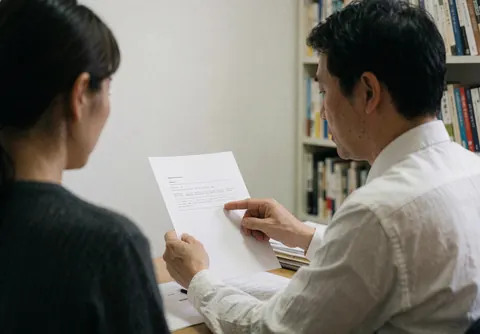 Un conseiller financier explique un document à un client dans un bureau avec des étagères de livres et un mur blanc.