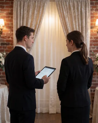 Coordinateur de banquet tenant une tablette et s'entretenant avec un client dans un cadre intérieur aux murs de briques et à l'éclairage chaleureux.
