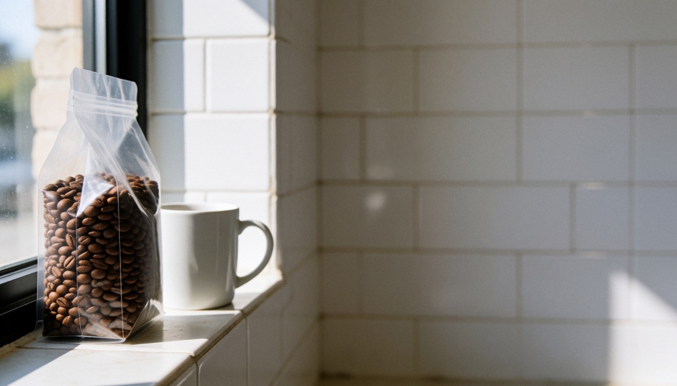 Sac de café torréfié posé à côté d'une tasse blanche sur un rebord de fenêtre baigné de lumière matinale, dans une cuisine aux carreaux blancs.