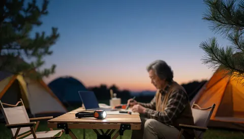 Une personne travaille à une table de camping au coucher du soleil, entourée de tentes et de pins, éclairée par une lampe de poche.