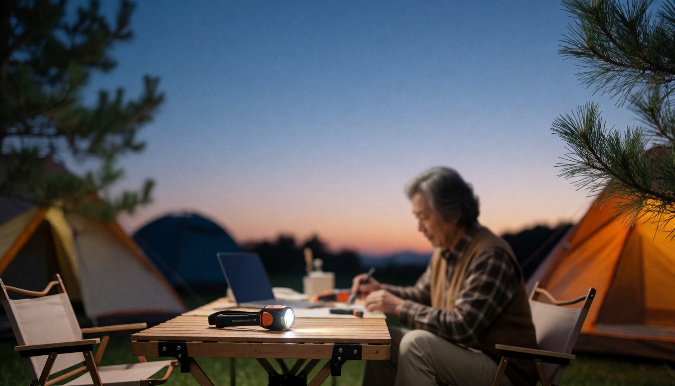 Une personne travaille à une table de camping au coucher du soleil, entourée de tentes et de pins, éclairée par une lampe de poche.