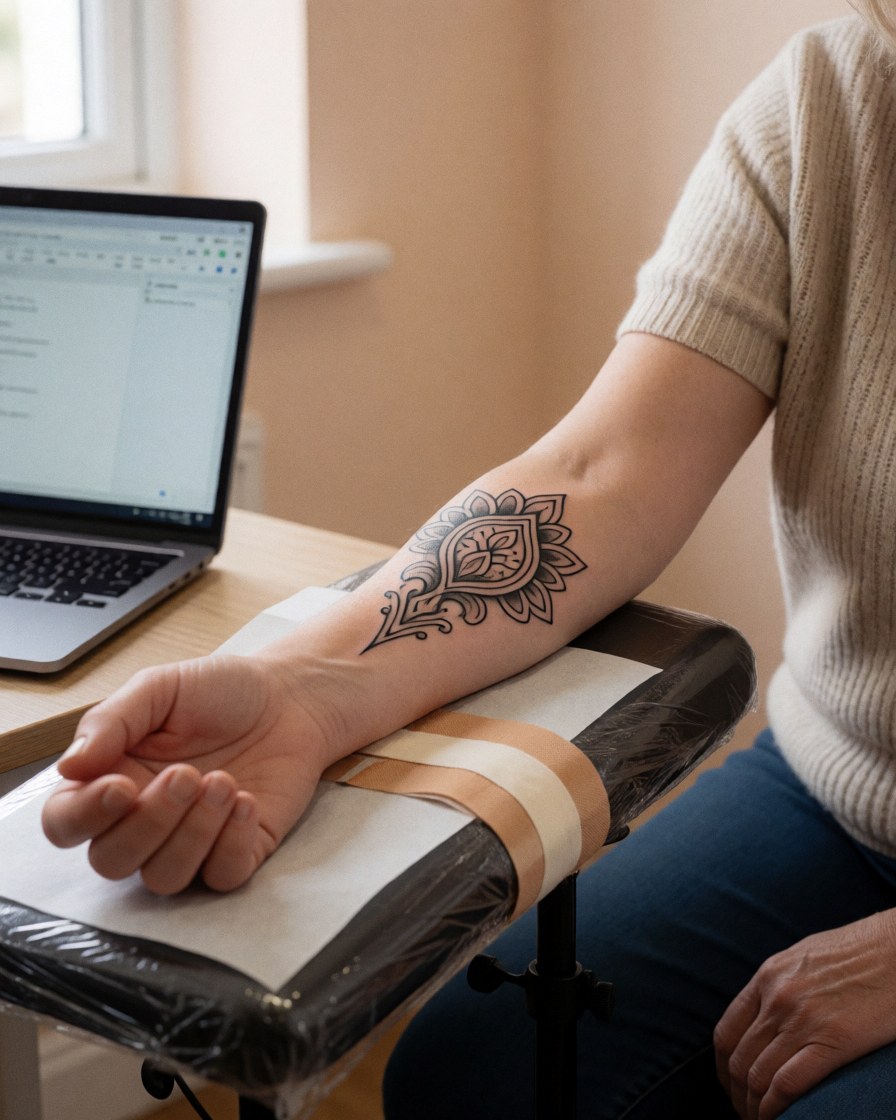 Client satisfait montrant son nouveau tatouage sur l'avant-bras, bandage et mur beige dans un studio de tatouage