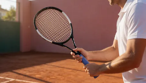 Instructeur de tennis sur court en terre battue avec lumière dorée et mur rose, espace pour texte à gauche.