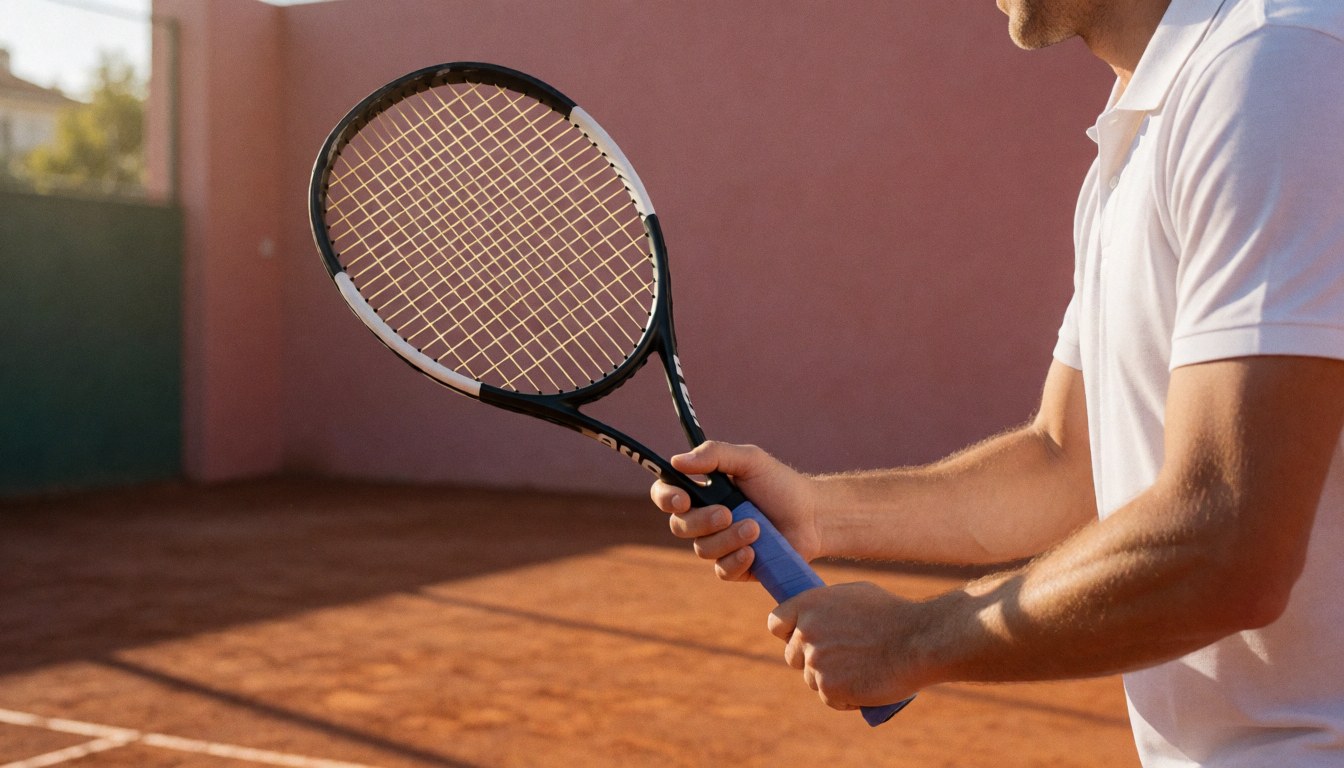 Instructeur de tennis sur court en terre battue avec lumière dorée et mur rose, espace pour texte à gauche.