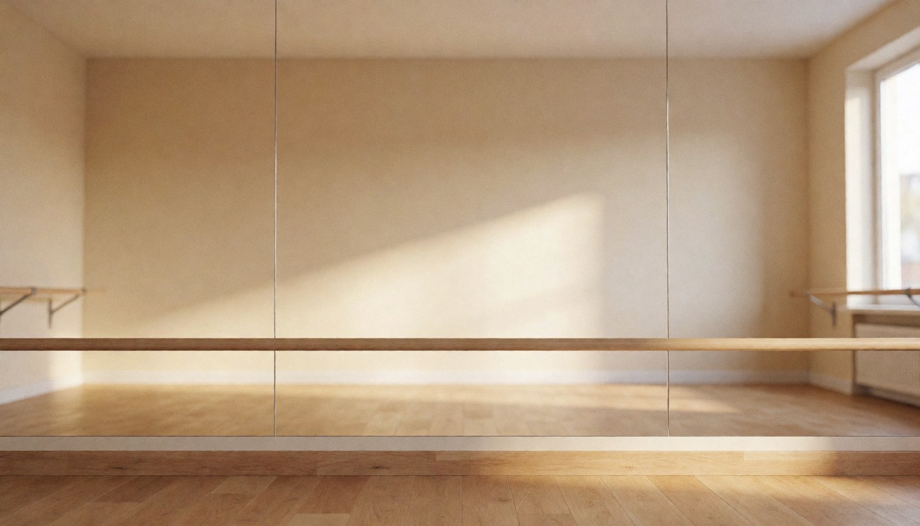 Studio de danse vide avec murs beige, sol en parquet et barre de ballet, idéal pour promouvoir des cours de danse.