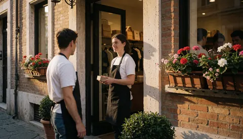Une vendeuse accueille un client à l'entrée d'un magasin de vêtements, entourée de macettes de fleurs et baignée d'une lumière dorée.