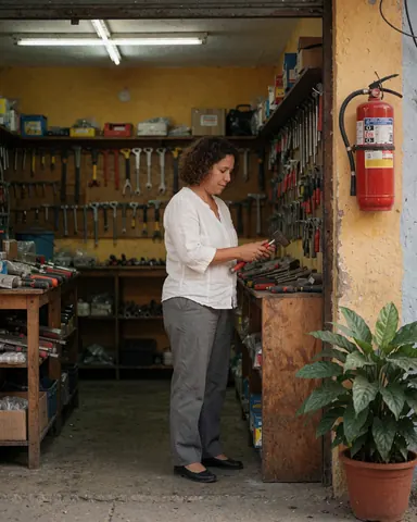Une cliente examine un marteau dans un magasin de quincaillerie aux murs jaunes, avec des outils suspendus et un extincteur rouge visible.