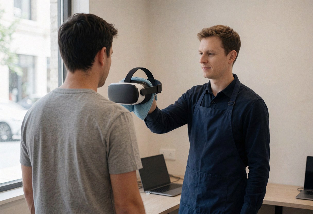 Un technicien en tablier bleu nettoie un casque de réalité virtuelle avec un chiffon en microfibre pendant qu'un client le récupère dans un centre de loisirs moderne baigné de lumière naturelle.