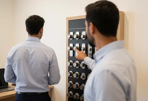 Une cliente sélectionne un cylindre de sécurité dans un magasin de serrurerie, avec un vendeur de dos, sur un mur à finition blanche chaude.