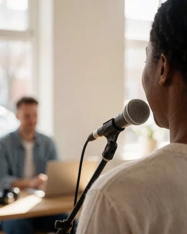 Un étudiant chante dans un studio lumineux aux murs blancs. Un professionnel utilise un ordinateur portable en arrière-plan, illustrant une académie de musique.