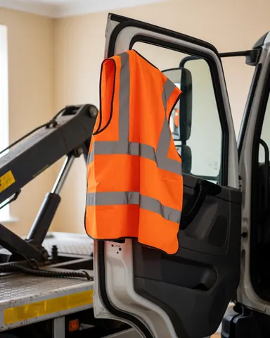Un gilet de sécurité orange est suspendu à la porte d'un camion de remorquage, avec un bras hydraulique visible en arrière-plan dans un atelier aux murs beige.