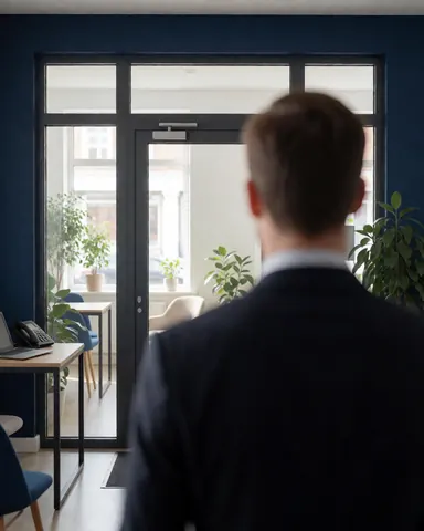 Un homme en costume observe une porte en verre propre dans un bureau moderne avec des murs bleus et des plantes.