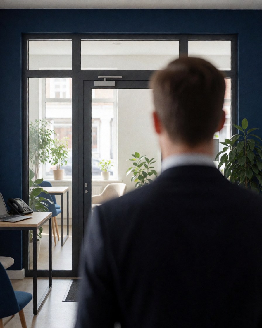 Un homme en costume observe une porte en verre propre dans un bureau moderne avec des murs bleus et des plantes.