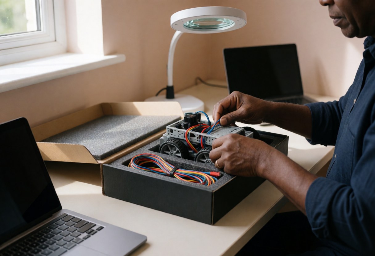 Professionnel assemblant un robot éducatif dans une boîte avec mousse protectrice, éclairage et câbles multicolores, en atelier de robotique.