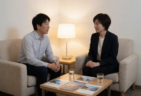 Deux clients assis sur des fauteuils discutent avec un conseiller. Une table basse présente des brochures touristiques et des bouteilles d'eau dans un intérieur lumineux et chaleureux.