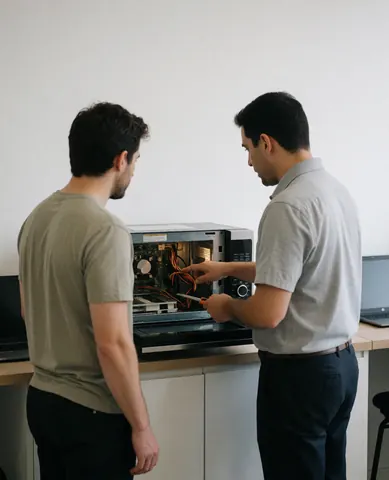 Technicien avec outil montre réparation interne microonde client atelier propre mur blanc table travail