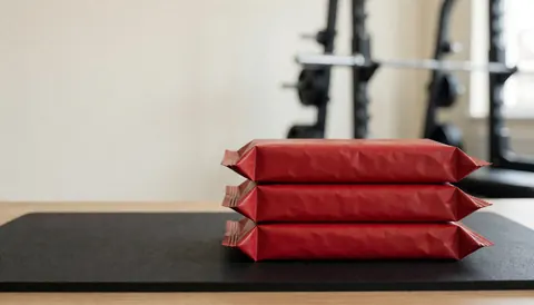 Trois barres de protéine rouges posées sur un tapis noir dans une salle de sport avec un rack de poids en arrière-plan, idéal pour un entraîneur de fitness.