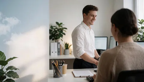 Un employé professionnel aide un client dans un bureau moderne et lumineux, entouré de plantes vertes, dans un cadre de travail accueillant et organisé.