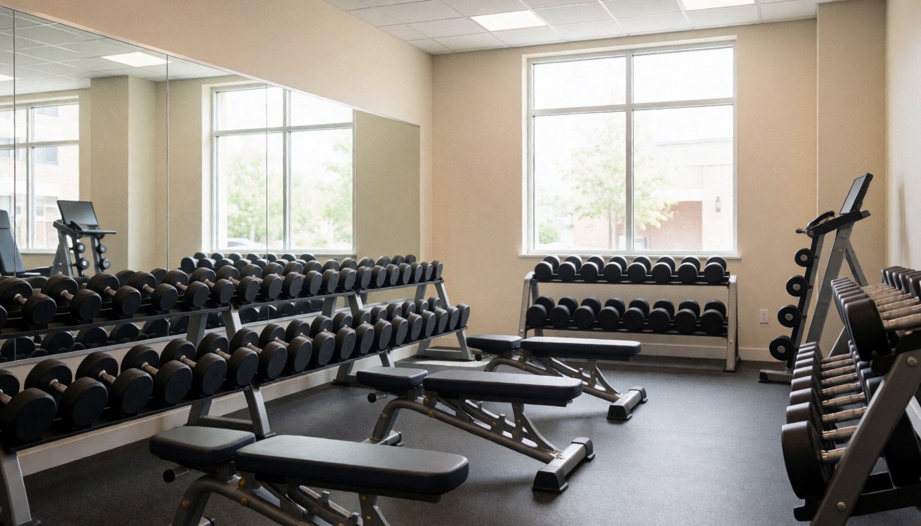 Salle de sport moderne avec des bancs de musculation et des rangées d'haltères noirs, des murs beige et de grandes fenêtres, idéale pour un coach personnel.