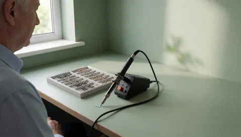 Technicien de réparation électronique travaillant à une table avec un fer à souder et des résistances smd, murs verts et lumière naturelle.