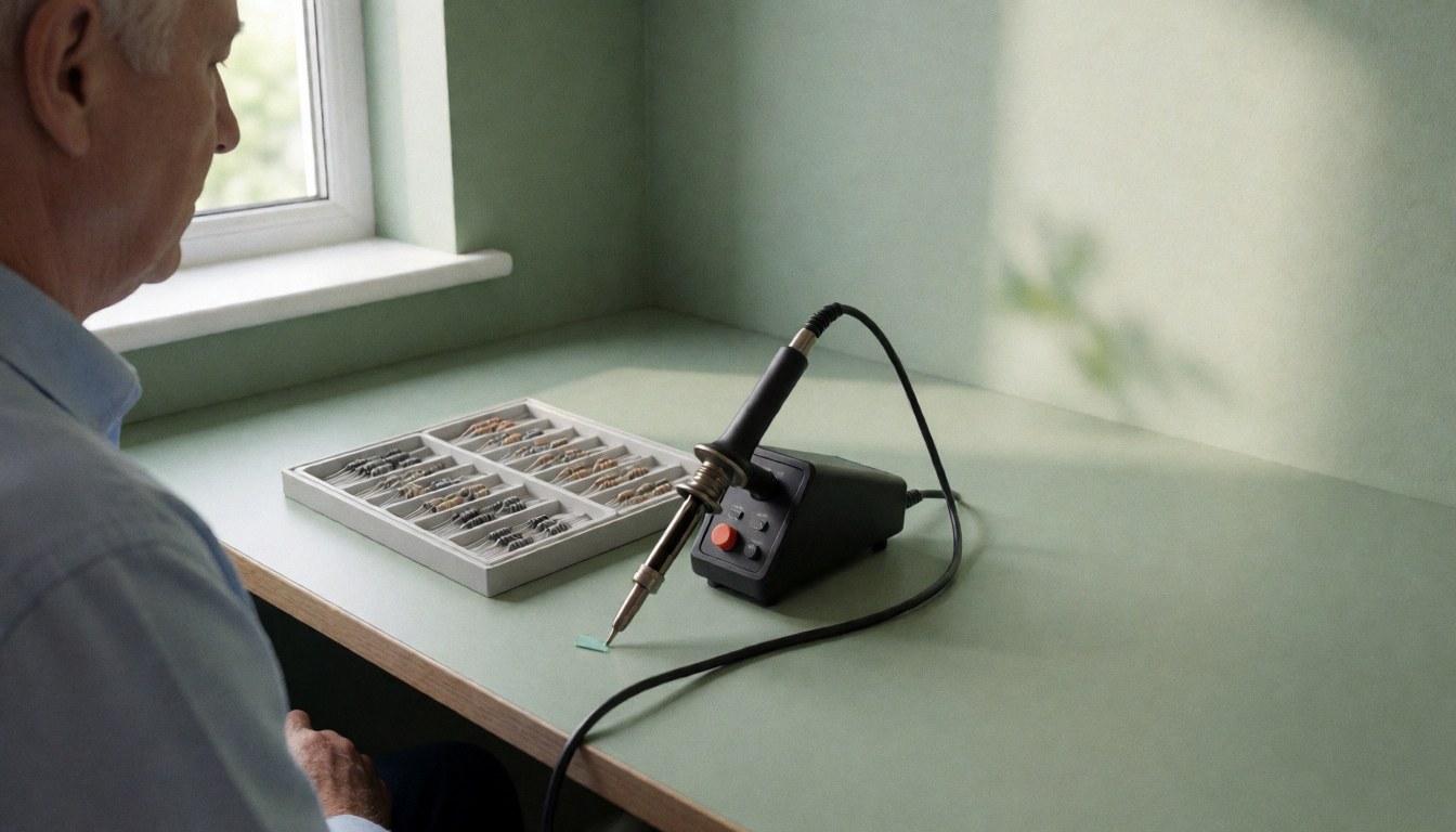 Technicien de réparation électronique travaillant à une table avec un fer à souder et des résistances smd, murs verts et lumière naturelle.