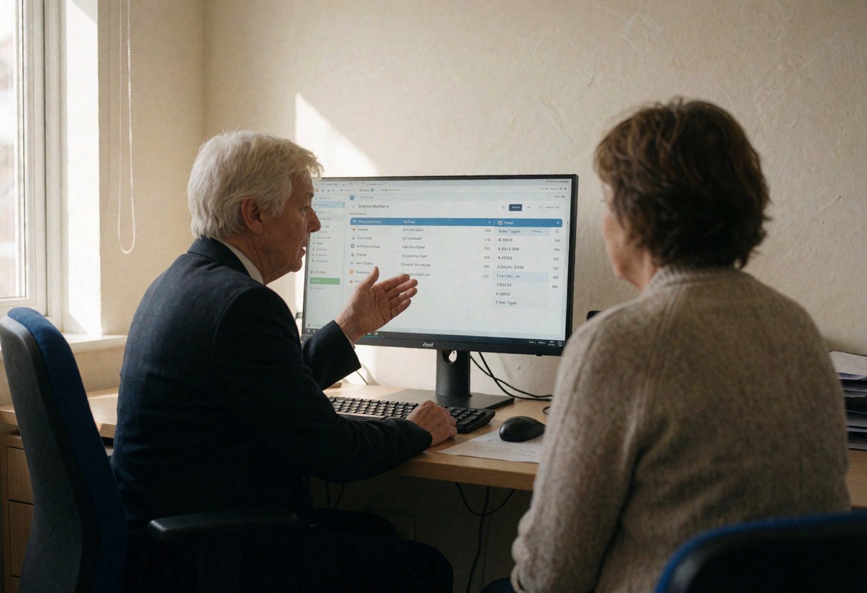 Un agent de voyages présente des options de voyage à un client devant un écran affichant des résultats de recherche de vols dans un bureau éclairé par la lumière naturelle.