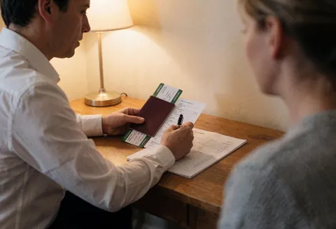 Un agent de voyages examine un passeport et un billet de transport en présence d'un client dans un bureau équipé d'une table en bois et d'une lampe.
