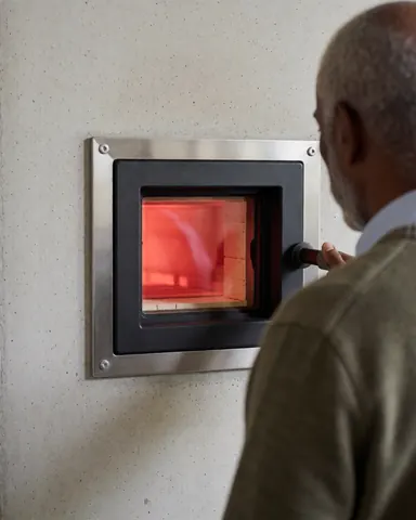 Vue arrière d'une cliente regardant un four de céramique allumé émettant une lumière rouge intense dans un atelier avec un mur en béton.
