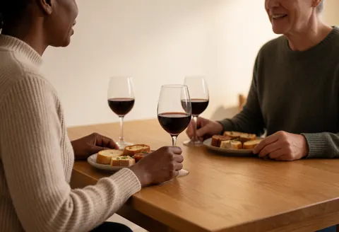 Deux personnes profitent de tapas et de vin rouge sur une table en bois dans une classe d'espagnol, avec des murs clairs et une lumière chaleureuse.
