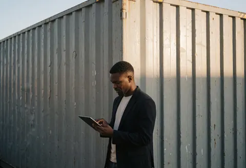 Agent d'assurance vérifiant une tablette à côté d'un conteneur industriel sous la lumière du coucher de soleil, illustrant un service en action.