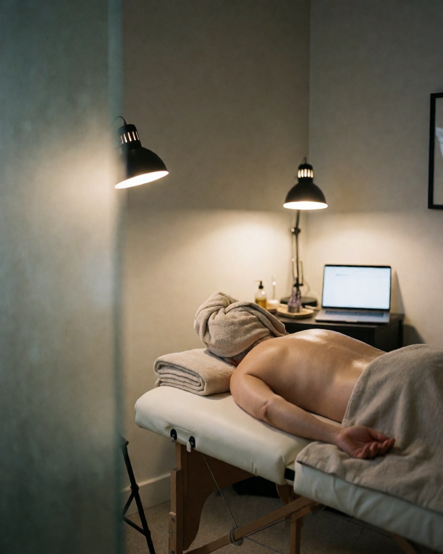 Cliente recevant un massage sur une table blanche, entourée de serviettes, sous un éclairage doux dans un centre de bien-être aux murs gris.