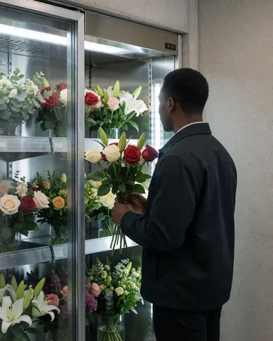 Une cliente observe et touche un bouquet de roses et de lys dans une vitrine réfrigérée d'une fleuristerie aux murs en béton.