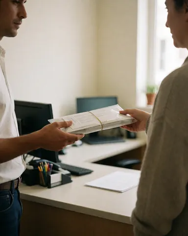 Un employé remet un dossier à un client dans un bureau bien éclairé, illustrant les services de photocopie et de reliure professionnelle.