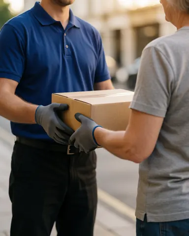 Livreur portant des gants et un uniforme remet un paquet à un client dans une rue urbaine, avec les mains et le produit nets en premier plan.