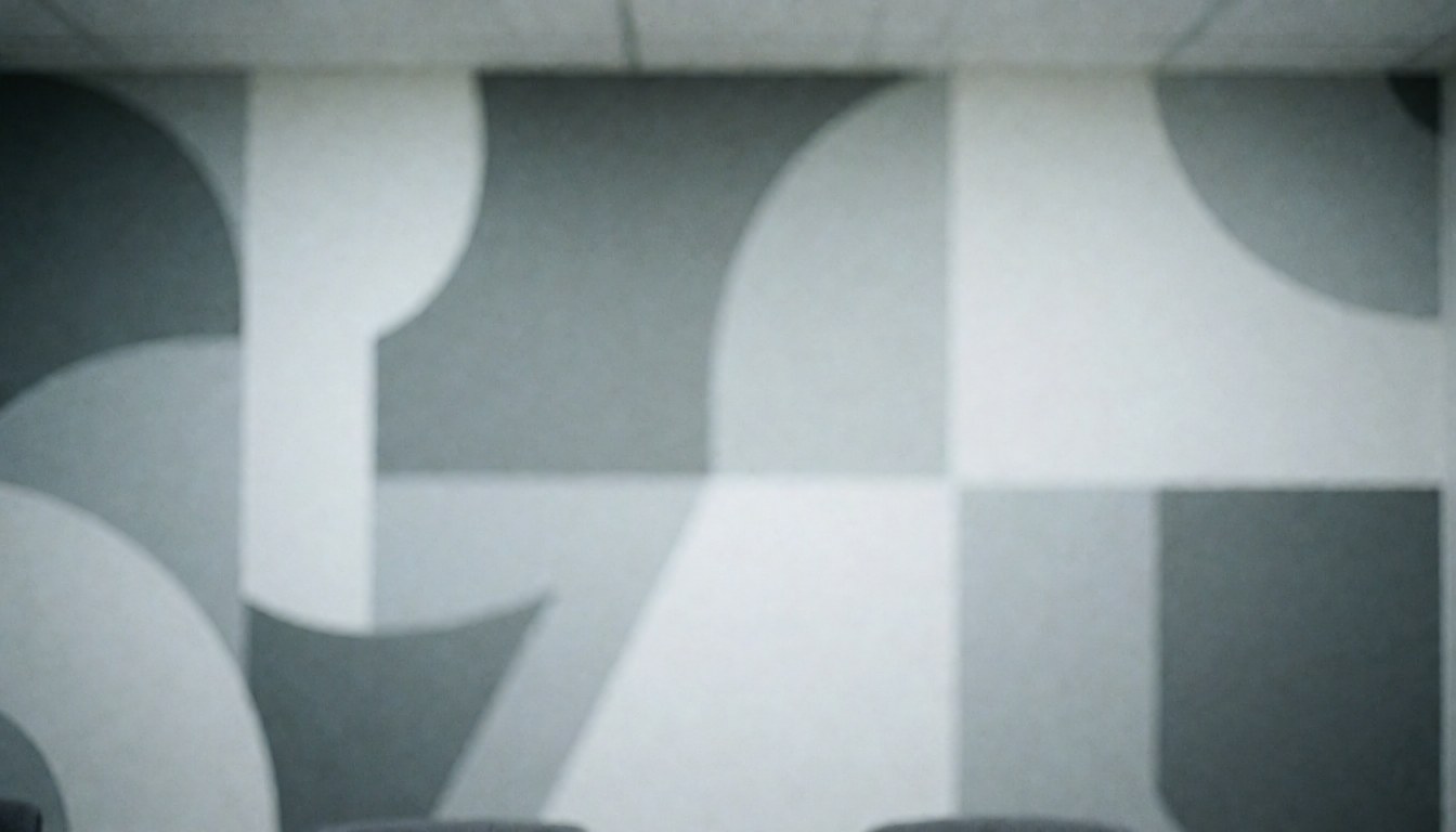Mural abstrait avec des formes géométriques en gris et blanc, idéal comme arrière-plan pour du texte dans un espace d'entreprise moderne.