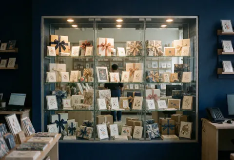 Vitrine de cadeaux dans une papeterie avec murs bleus, cartes et boîtes à rubans, éclairage chaleureux et rangé.