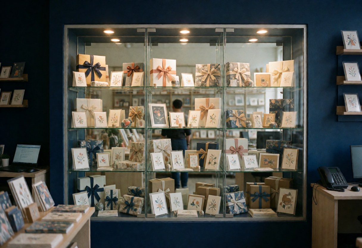 Vitrine de cadeaux dans une papeterie avec murs bleus, cartes et boîtes à rubans, éclairage chaleureux et rangé.