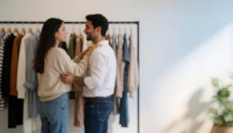 Un couple se tient près de cintres dans une boutique de mode, sur fond blanc éclairé par la lumière naturelle, idéal pour ajouter du texte.