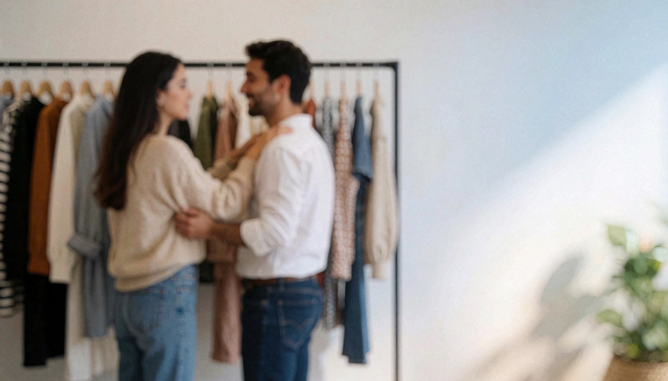 Un couple se tient près de cintres dans une boutique de mode, sur fond blanc éclairé par la lumière naturelle, idéal pour ajouter du texte.