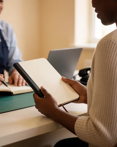 Une cliente tient un cahier à la reliure neuve tandis qu'un professionnel travaille en arrière-plan dans un atelier de photocopie et de reliure.